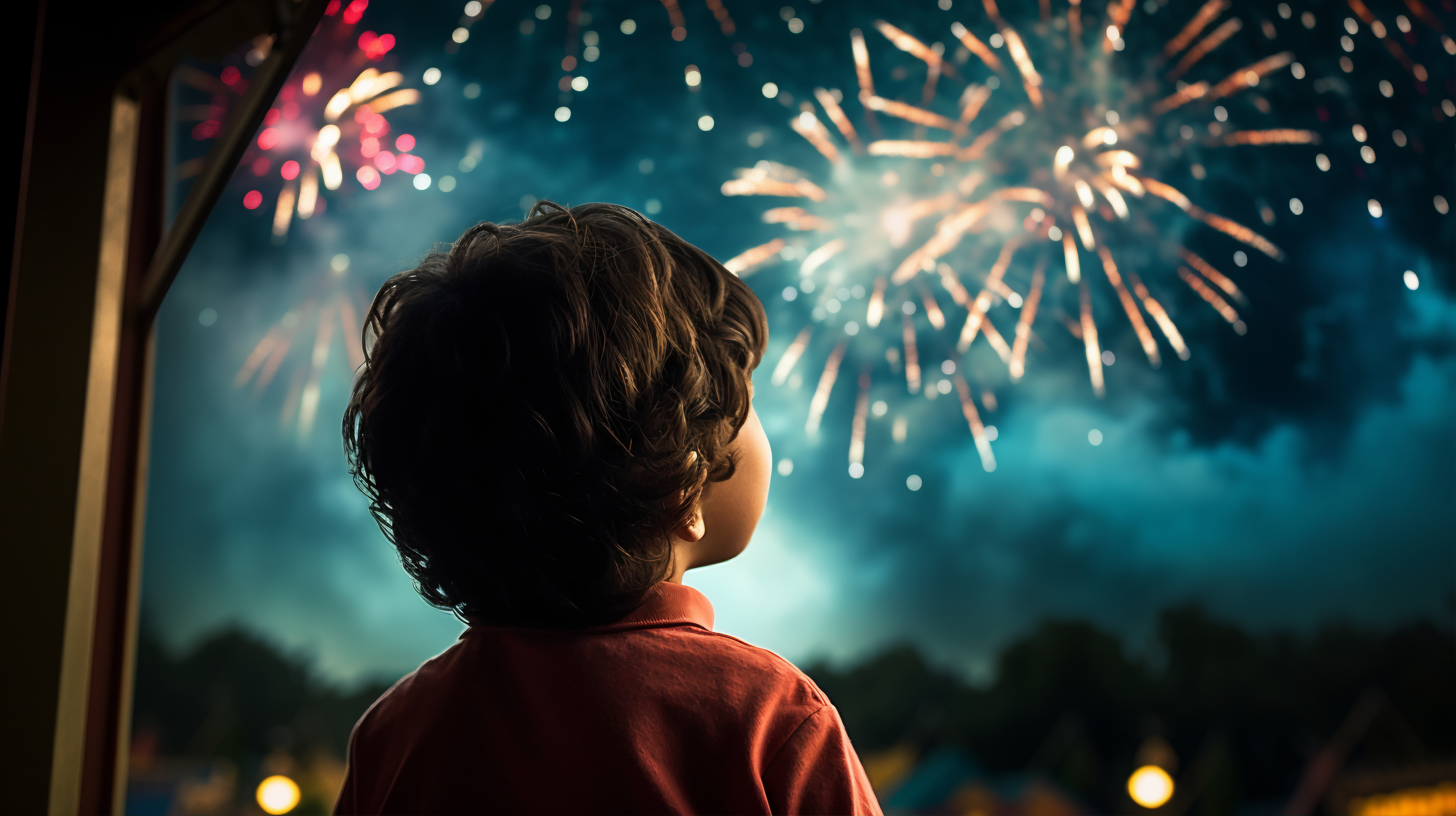 Young boy with brown shaggy hair and a red polo shirt stares out into the night sky with multiple color fireworks going off. 