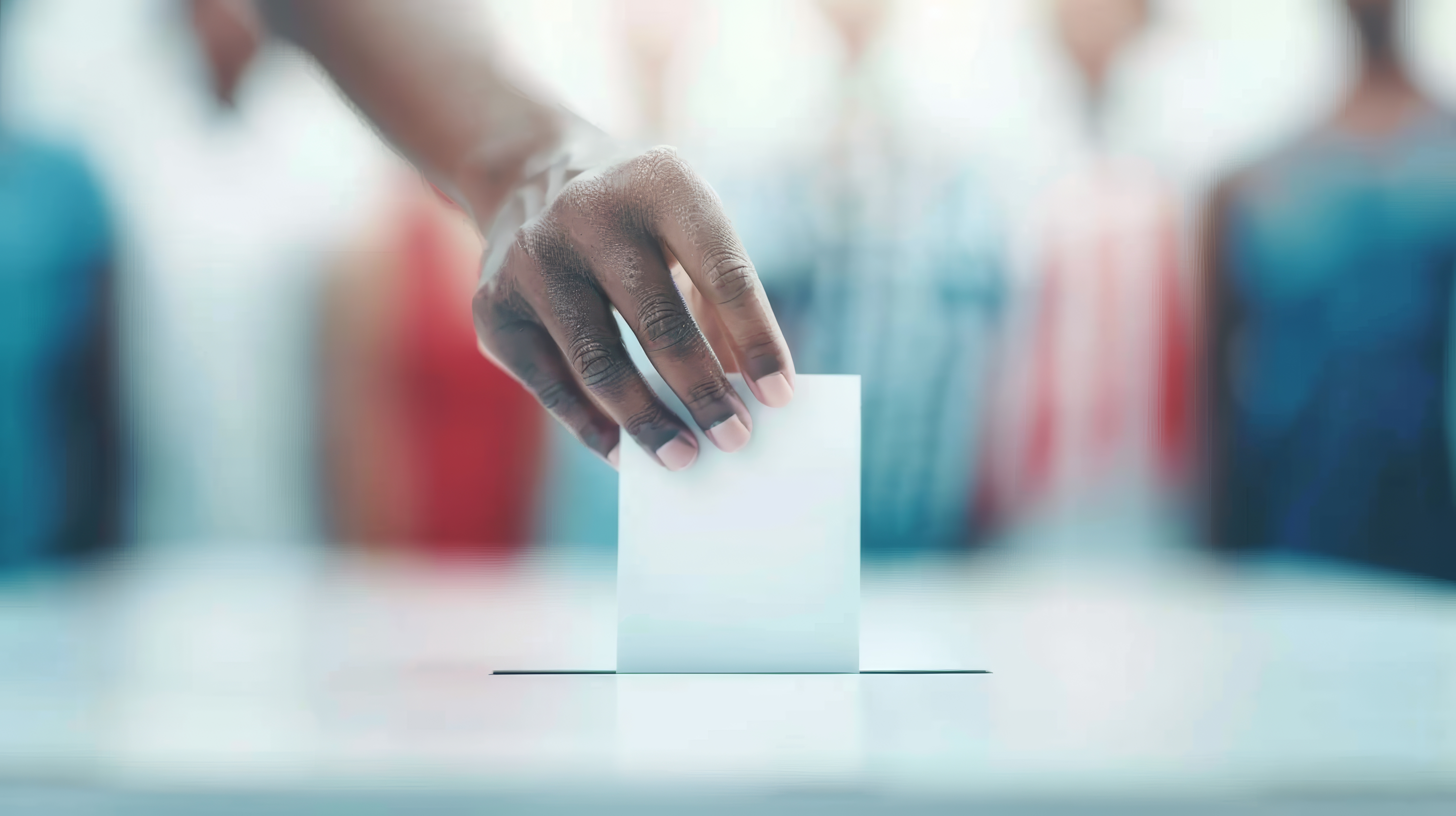 A hand in front of a blurry voting area background. Hand is casting a vote into a voting box