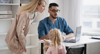 Blonde women and blonde girl talking to a medical professional in their home