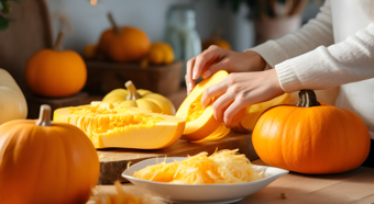 Kitchen setting with multiple pumpkins being used for recipes and food.