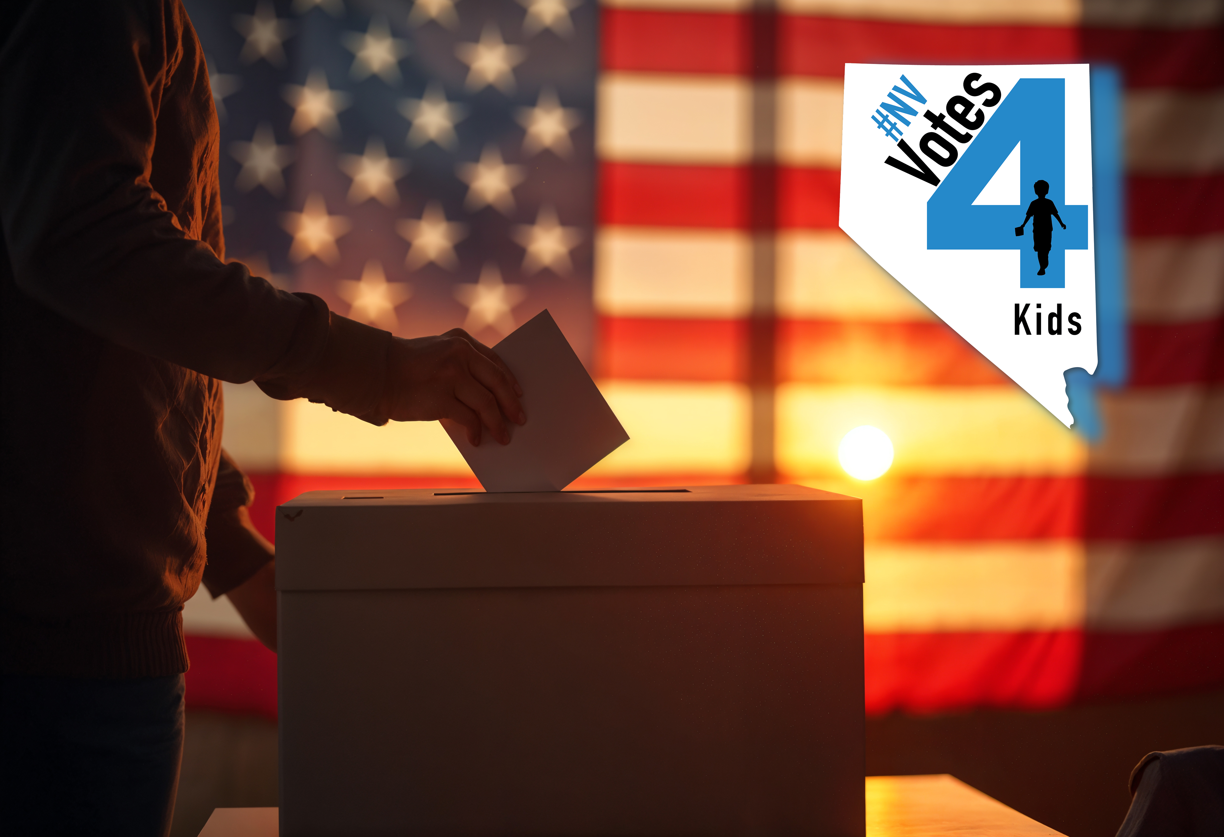 Person casting a vote into an election box, with American flag in the background