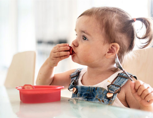 A young toddler-aged girl with light skin and hair in pigtails is sitting at the table with a spoon in her left hand and eating a strawberry with her other hand.