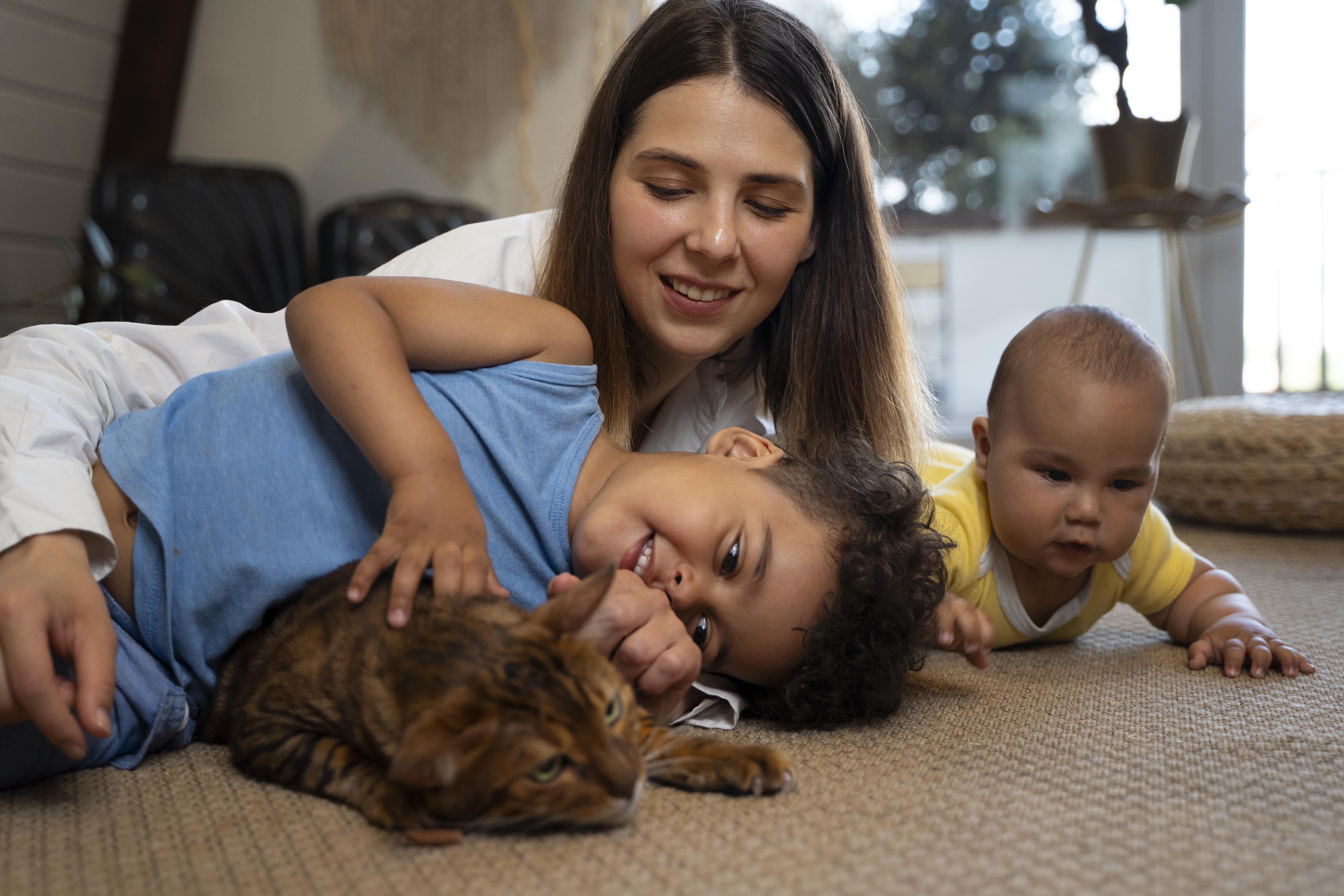 Baby and young boy laying on carpeted floor with young lady and a brown cat. Smiling and playing with the cat