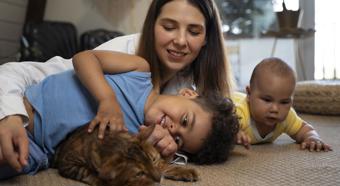 Baby and young boy laying on carpeted floor with young lady and a brown cat. Smiling and playing with the cat