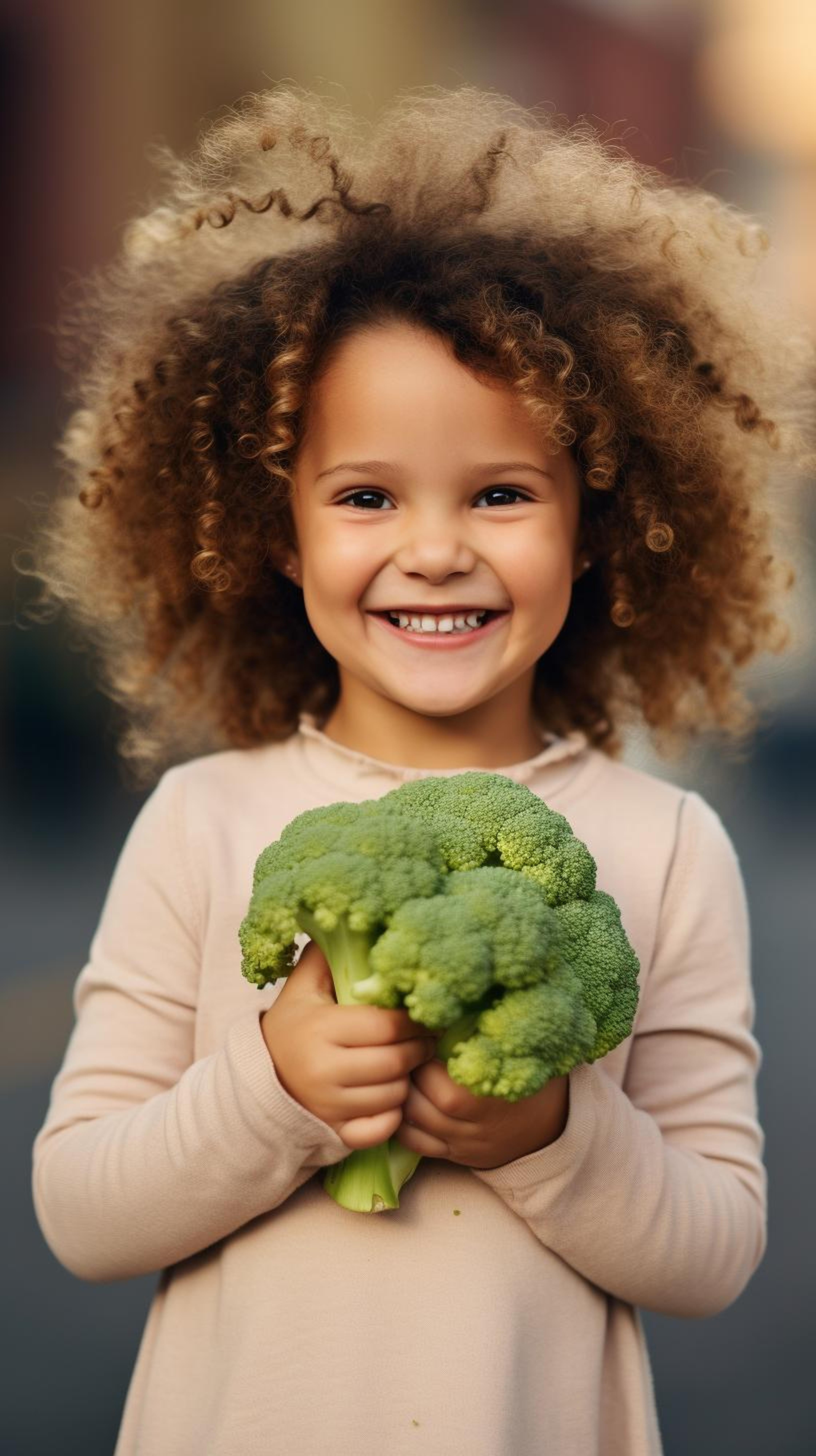 Cute curly haired young girl smiling while holding a broccoli crown 