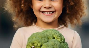 Cute curly haired young girl smiling while holding a broccoli crown 