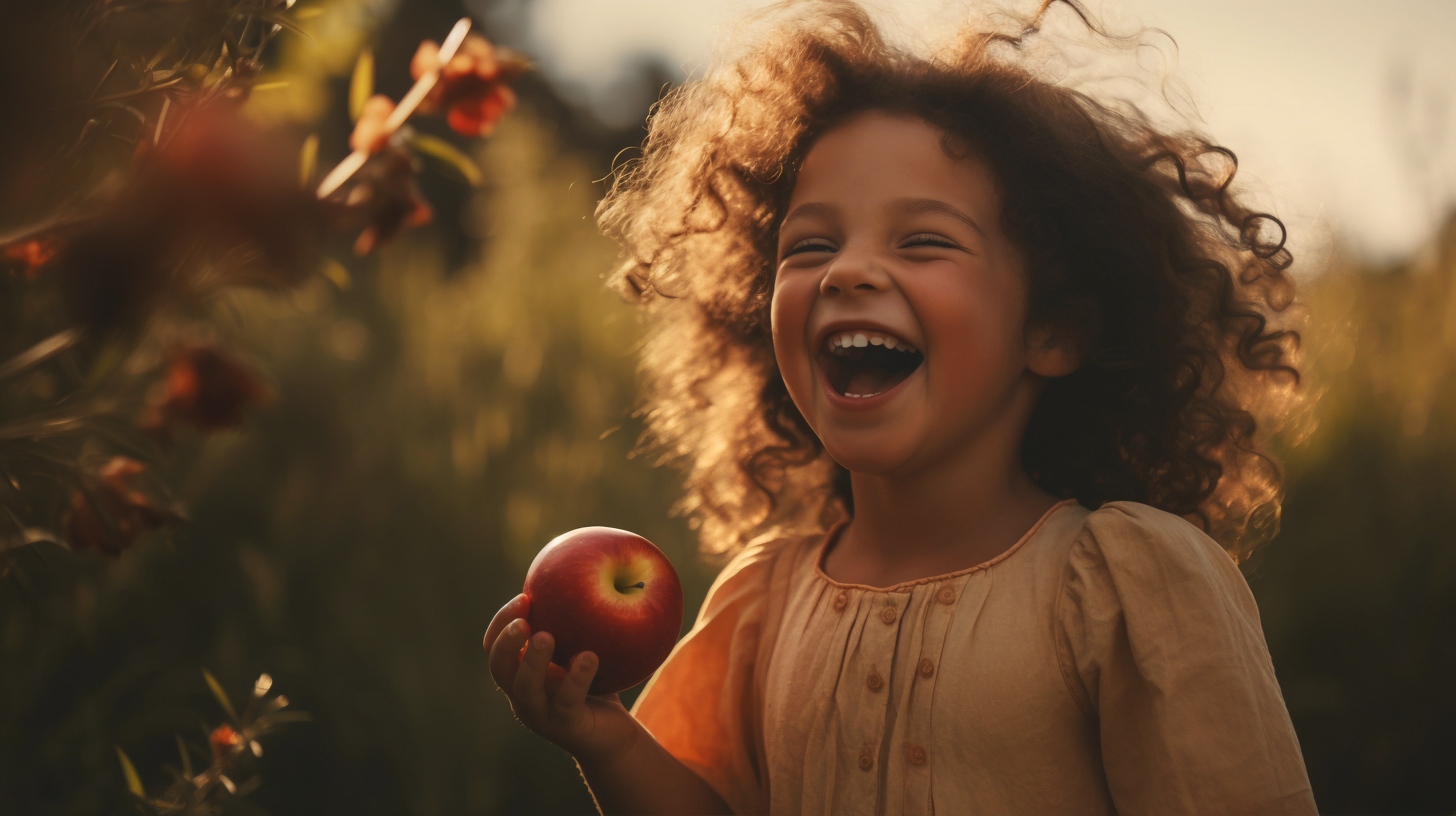 Little girl with huge smile on her face holding a red apple in an outside setting during sunset time