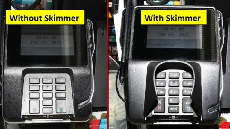 Side by side images of a credit card machine with and without a fraud skimmer.