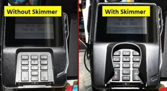 Side by side images of a credit card machine with and without a fraud skimmer.