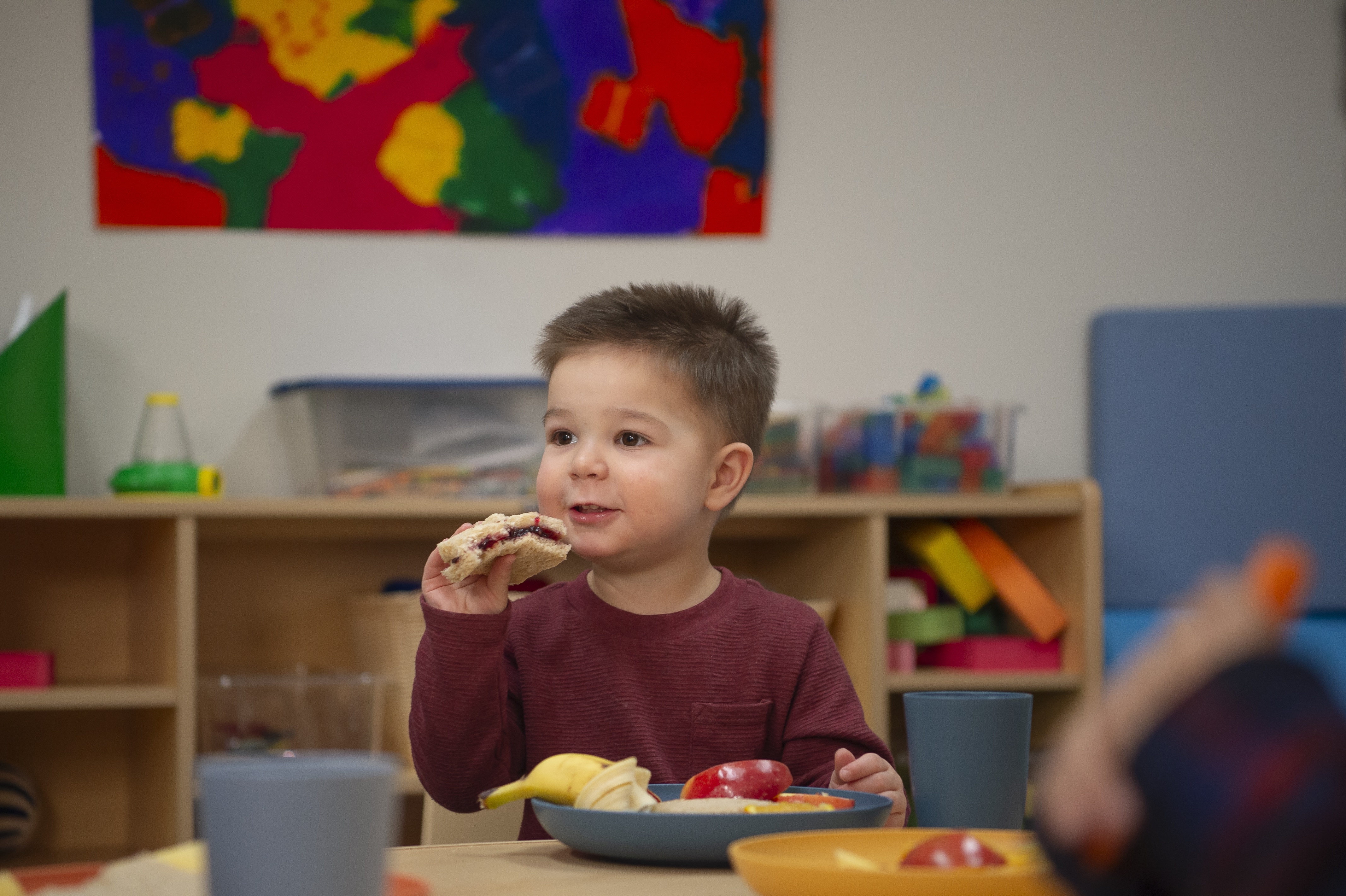A young, toddler-aged boy with light skin and short brown hair is eating a peanut butter and jelly sandwich.
