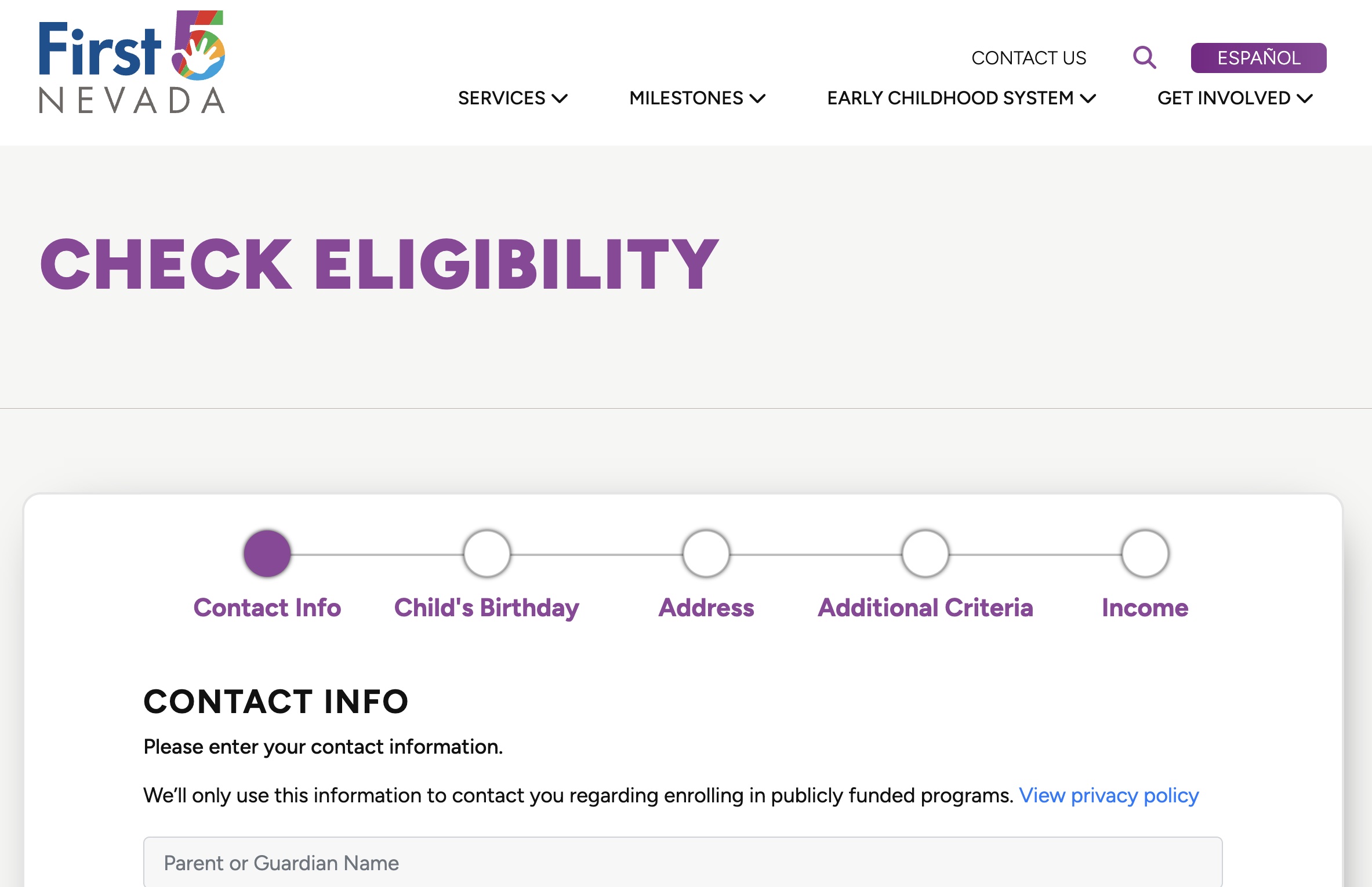 Screenshot of the eligibility screener contact information